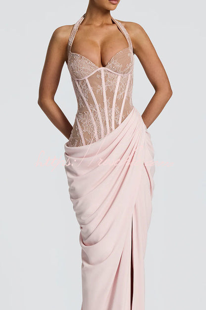 Bonita Floral Lace Contrast Structural Detail Asymmetrical Pleats Halter Slit Maxi Dress