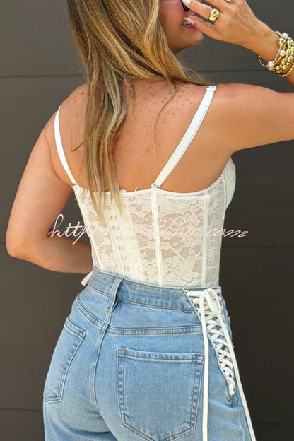 Pure Romance Raised Floral Lace Sweetheart Neck Corset Tank Top