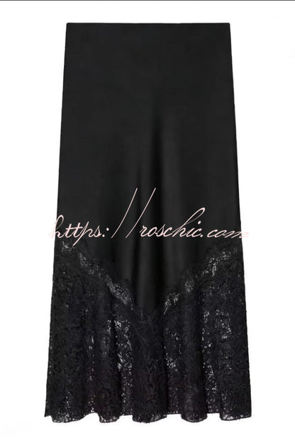 Solid Color Silk Satin and Lace Spliced elegant Maxi Skirt