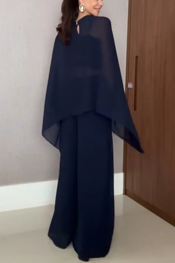 Veronica Chiffon Cape Flowing Top and Elastic Waist Wide-Leg Pants Set