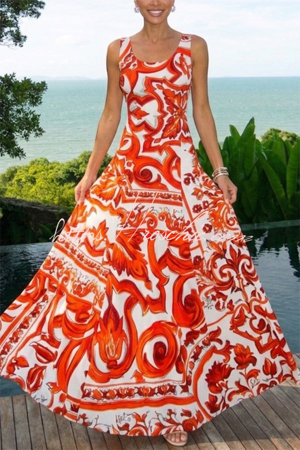Arnell Contrast Color Artistic Floral Print Square Neck Pleated Hem Maxi Dress