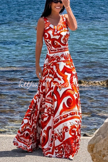 Arnell Contrast Color Artistic Floral Print Square Neck Pleated Hem Maxi Dress