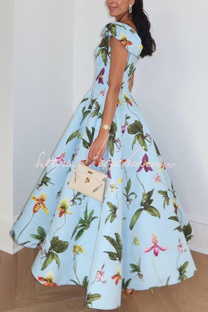 Fresh Bloom Floral Print Short Sleeve Umbrella Hem Maxi Dress