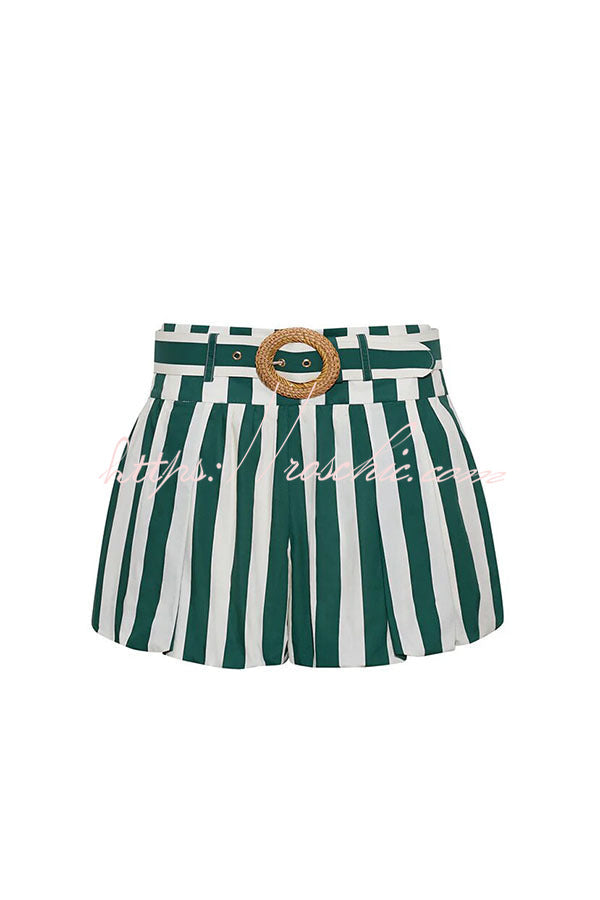 Claudine Striped Heart-shaped Smocked Tank and Raffia Buckle Belted Pocket Bubble Shorts Set
