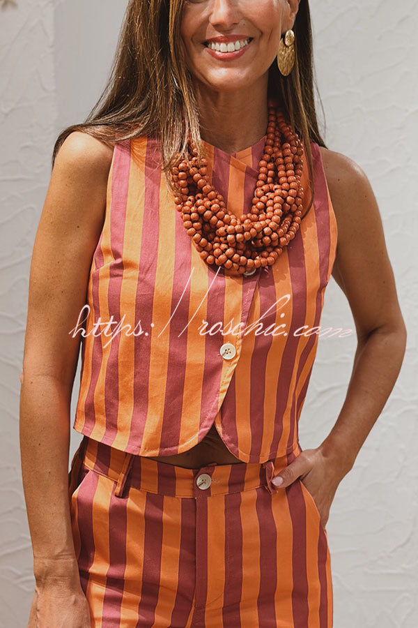 City Outfit Colorful Stripes Button Up Vest and Elastic Waist Pocket Loose Pants Set