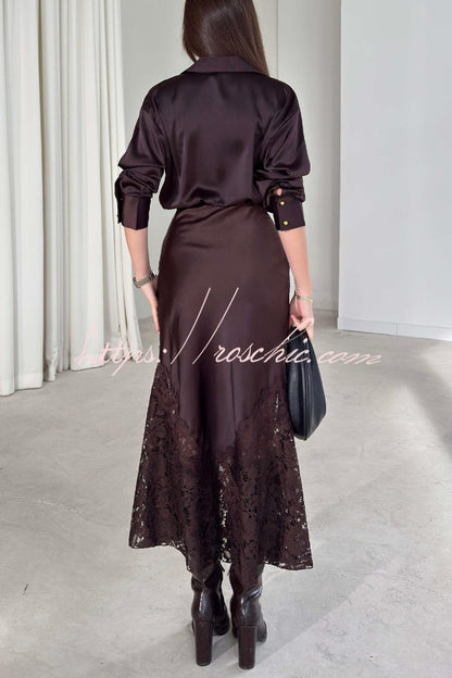 Solid Color Silk Satin and Lace Spliced elegant Maxi Skirt