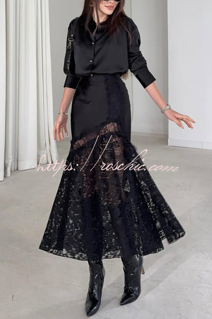 Solid Color Silk Satin Texture Single-breasted Long-sleeved Loose Shirt