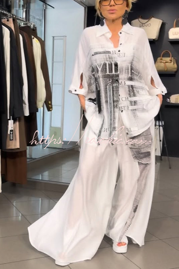 Street Style Graffiti Print Button Half Sleeve Blouse and Elastic Waist Pocket Wide Leg Pants Set