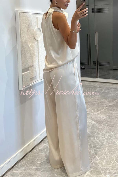 Classic on You Satin High Cowl Neck Top and Elastic Waist Pocket Loose Pants Set