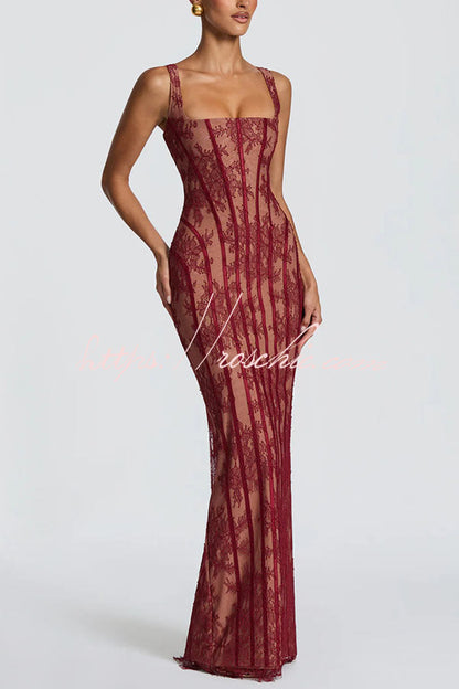 Polina Floral Lace Contrast Structural Detail Square Neck Back Lace-up Slit Maxi Dress