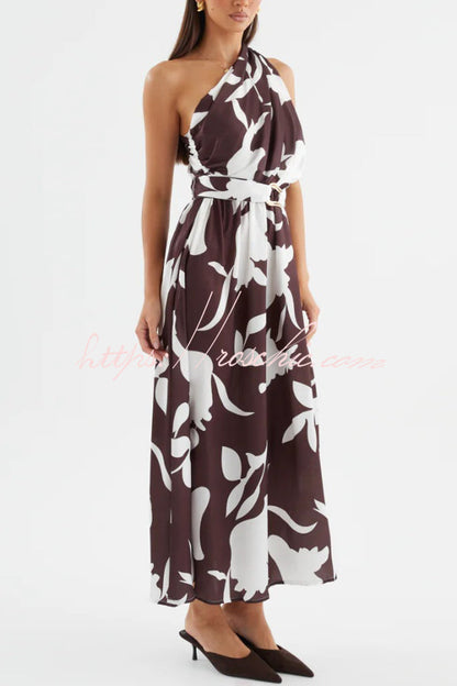 Unique Printed One-Shoulder Belt Casual Holiday Maxi Dress