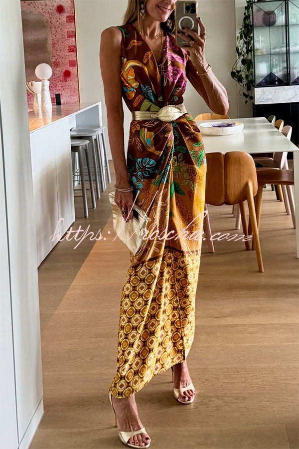 Naturally Inspired Satin Unique Floral Print Twist Waist Slit Drape Maxi Dress