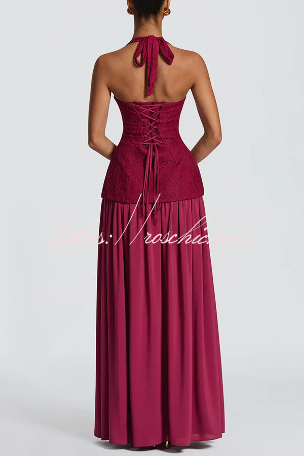 Almira Crepe and Lace Bodice Back Lace-up Chiffon Pleated Hem Maxi Dress