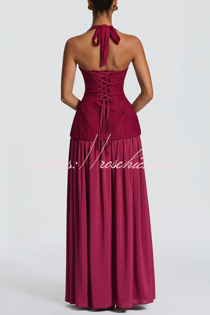 Almira Crepe and Lace Bodice Back Lace-up Chiffon Pleated Hem Maxi Dress