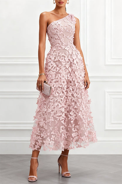 Lynelle Tulle 3D Floral Butterfly One Shoulder Sleeveless A-Line Midi Dress