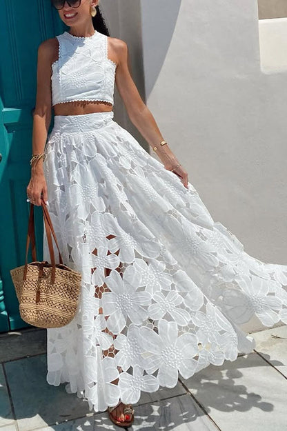 Next Trip Floral Embroidery Crochet Lace Crop Tank Top and Elastic Waist Pocket Maxi Skirt Set