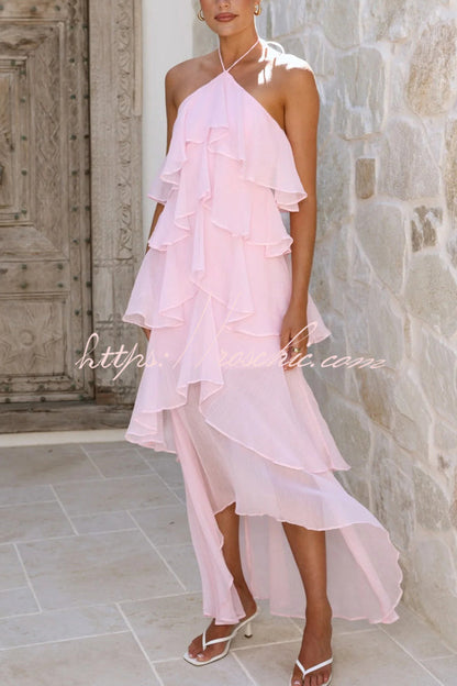 Solid Color Chiffon Halter Neck Elegant Ruffle Maxi Dress