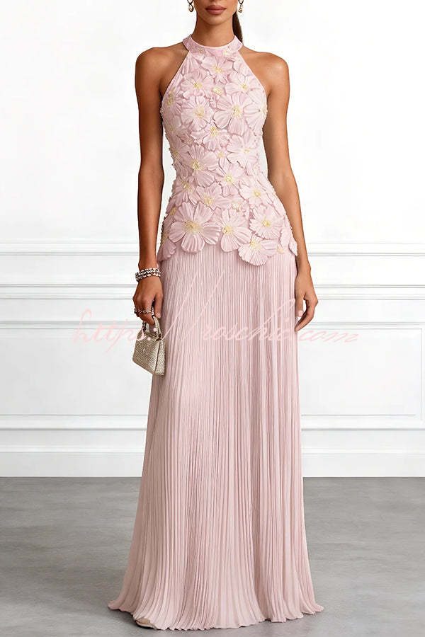 Emilie 3D Floral Embroidery Pleated Chiffon Hem Halter Neck Sleeveless Maxi Dress