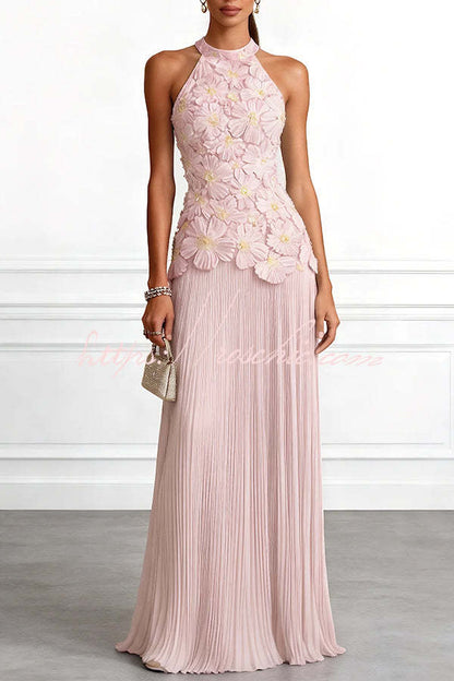 Emilie 3D Floral Embroidery Pleated Chiffon Hem Halter Neck Sleeveless Maxi Dress