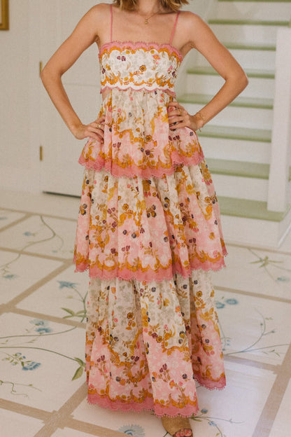 Daylight Unique Print Cutout Waist Back Lace-up Tiered Hem Maxi Dress