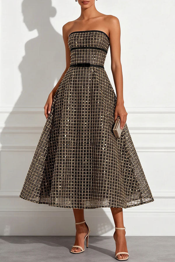 Stardust Plaid and Sequin Bow Patchwork Detail Strapless A-line Midi Dress