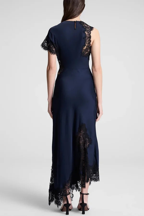 Paris Dream Satin Lace Trim Irregular Design Drape Maxi Dress