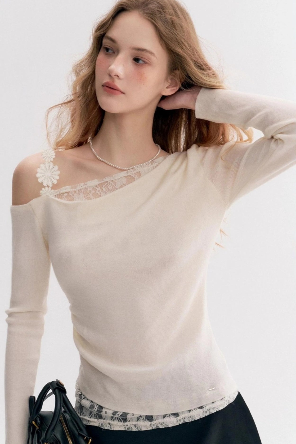 Lace Trim One Shoulder Slim  Long Sleeve Blouse