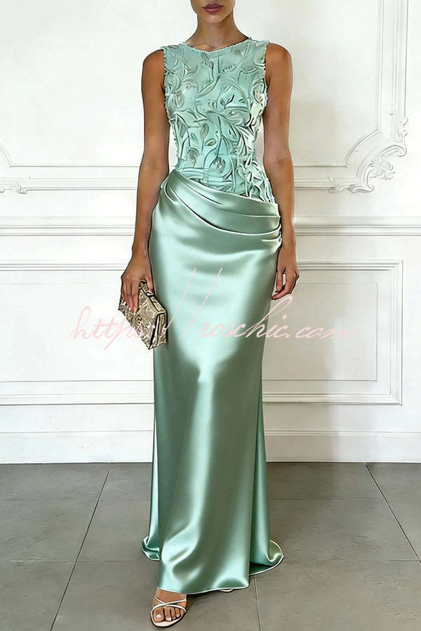 Vera Mesh Embroidery Satin Ruched Crew Neck Sleeveless Gown Maxi Dress