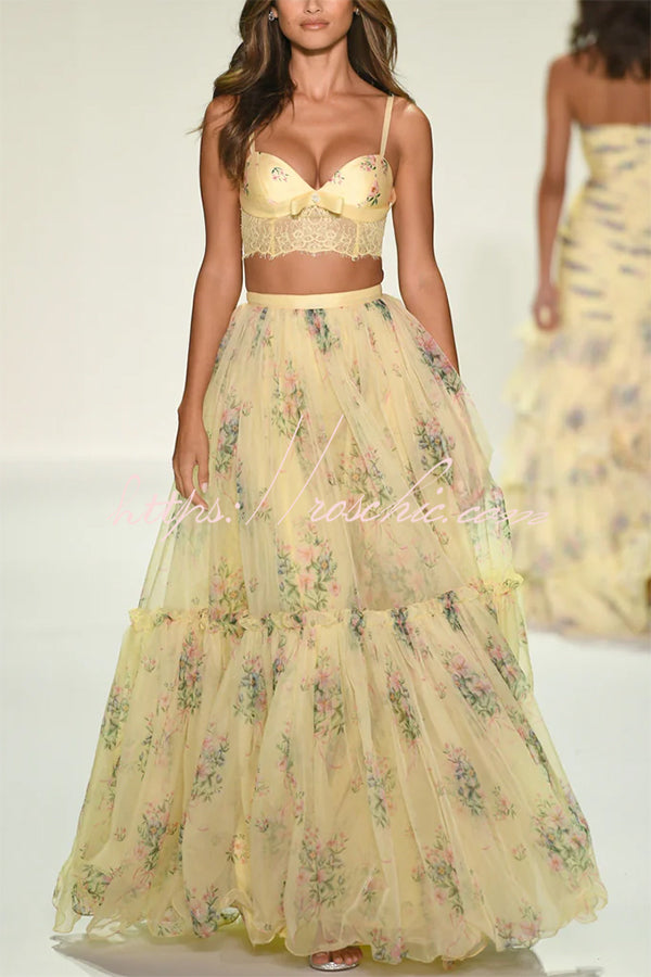 Vita Floral Satin Bow Lace Back Lace-up Crop Tank and Tulle High Rise A-line Maxi Skirt Set