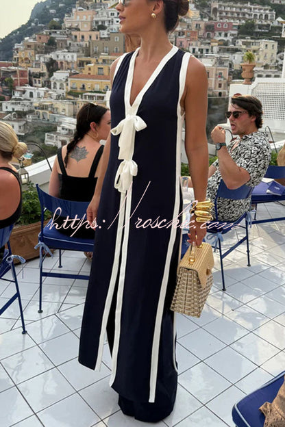 Beach Day Colorblock Bow Detail Slit Midi Top and Elastic Waist Loose Pants Set