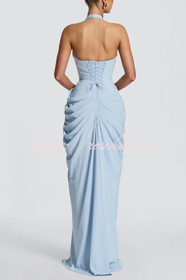 Minette Halter Back Lace-up Asymmetrical Pleats Slit Maxi Dress