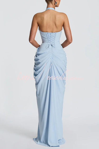 Minette Halter Back Lace-up Asymmetrical Pleats Slit Maxi Dress