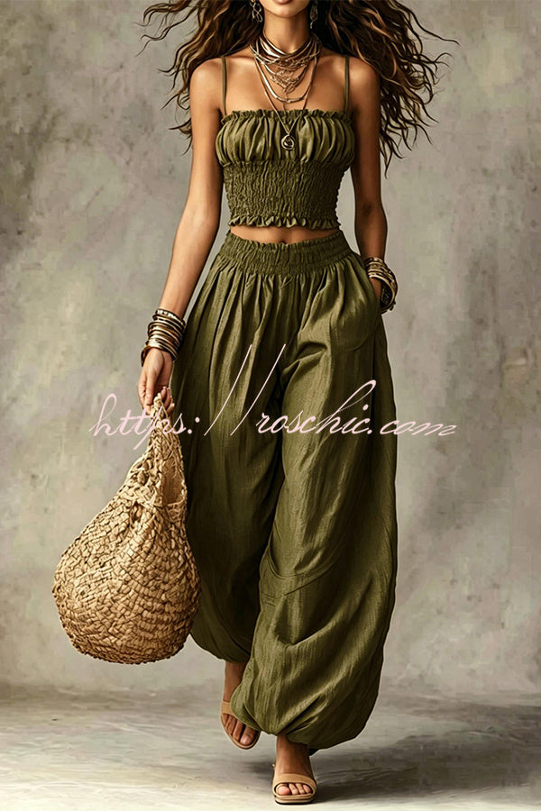 Olive Gypsy  pleated crop top and high-waisted wide-leg pants set