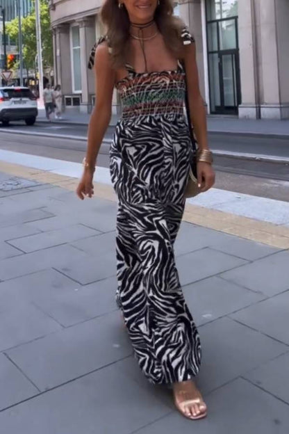 Zebra Print Contrast Ethnic Smocked Waist Cami Maxi Dress