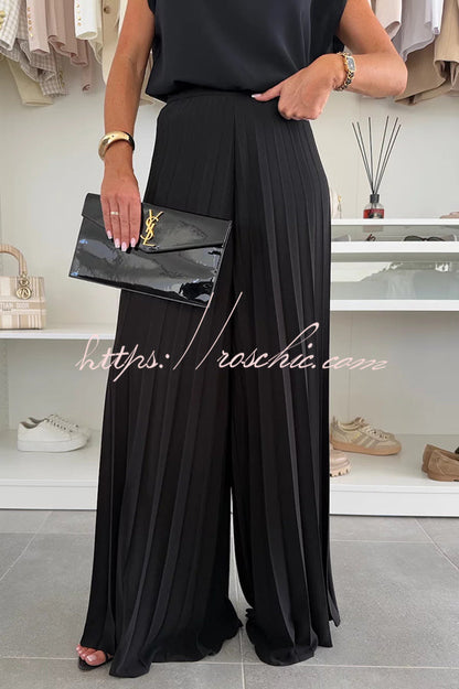 Fashionable Round Neck Shoulder Pads Top and Elastic Waist Pleated Wide-leg Pants Set