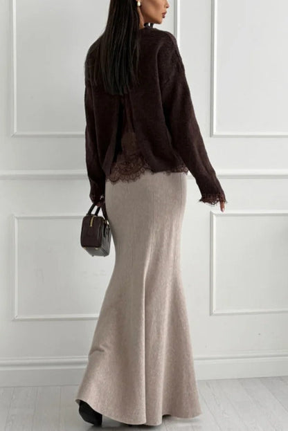 Caitlin Knit Lace Trim Patchwork Long Sleeve Back Slit Relaxed Sweater