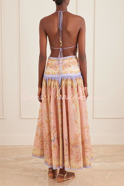 Chapel Linen Blend Floral Print Cutout Tie-up Waist Pocket Halter Backless Maxi Dress