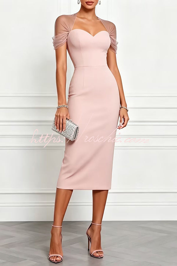 Emilie Mesh Sleeve Patchwork Sweetheart Neck Stretch Midi Dress