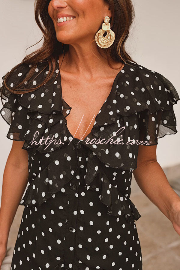 Soft and Feminine Chiffon Polka Dot Print Button Up Tiered Ruffles Maxi Dress