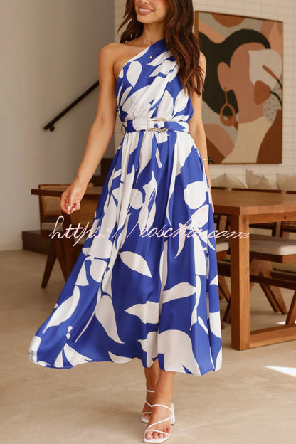 Unique Printed One-Shoulder Belt Casual Holiday Maxi Dress