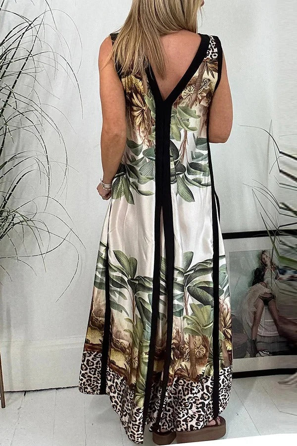 Vanna Unique Tropical Print Black Patchwork Detail A-line Maxi Dress