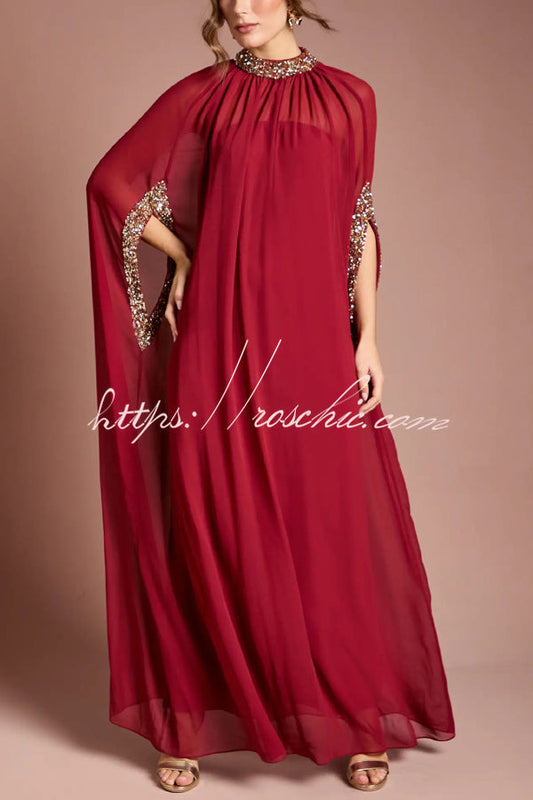 My Dearest Chiffon Sequin Trim High Neck Batwing Cutout Sleeve Cape Maxi Dress