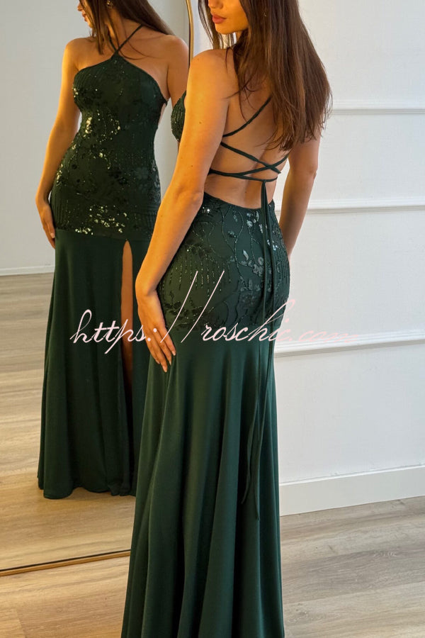 Fashionable Sequined Halter Neck Elegant Slim-fit Slit Maxi Dress