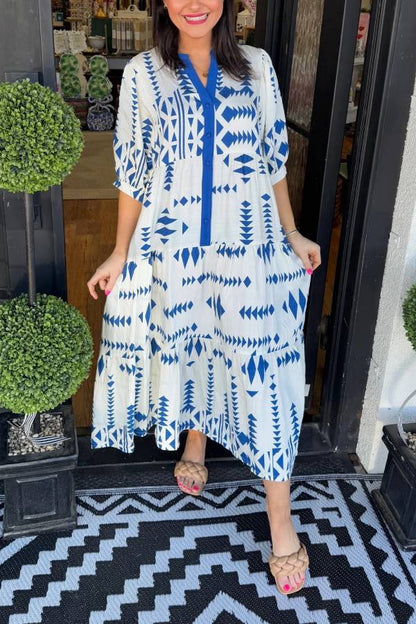 Women's Button V Neck Geometric Print Dress