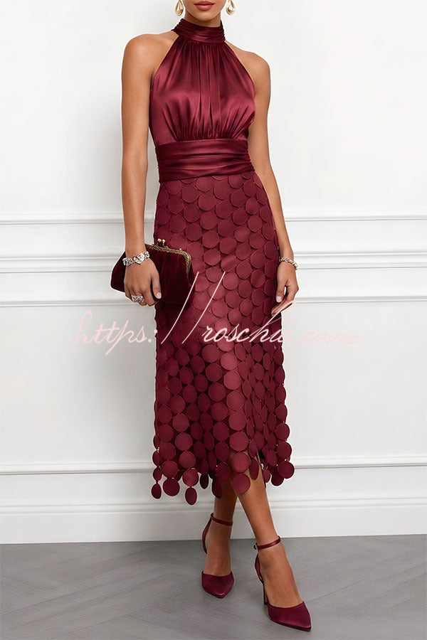Janice Satin Ruched Halter Neck Sleeveless Embroidered Polka Dot Hem Midi Dress(Buy 2 Get Free Shipping)