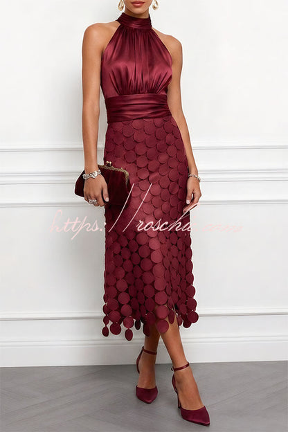 Janice Satin Ruched Halter Neck Sleeveless Embroidered Polka Dot Hem Midi Dress(Buy 2 Get Free Shipping)