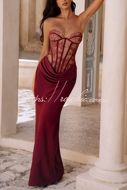 Kathleen Floral Lace Contrast Structural Detail Back Lace-up Satin Hem Strapless Maxi Dress