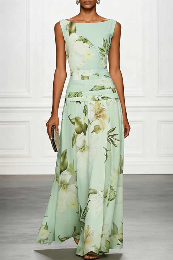 Classic Floral Print Boat Neck Ruched Waist Sleeveless A-Line Maxi Dress