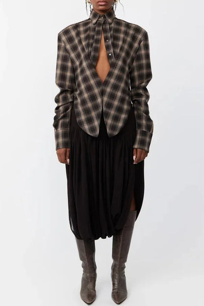 Vintage Plaid Shoulder Pad Buttons Long Sleeve Angled Hem Shirt