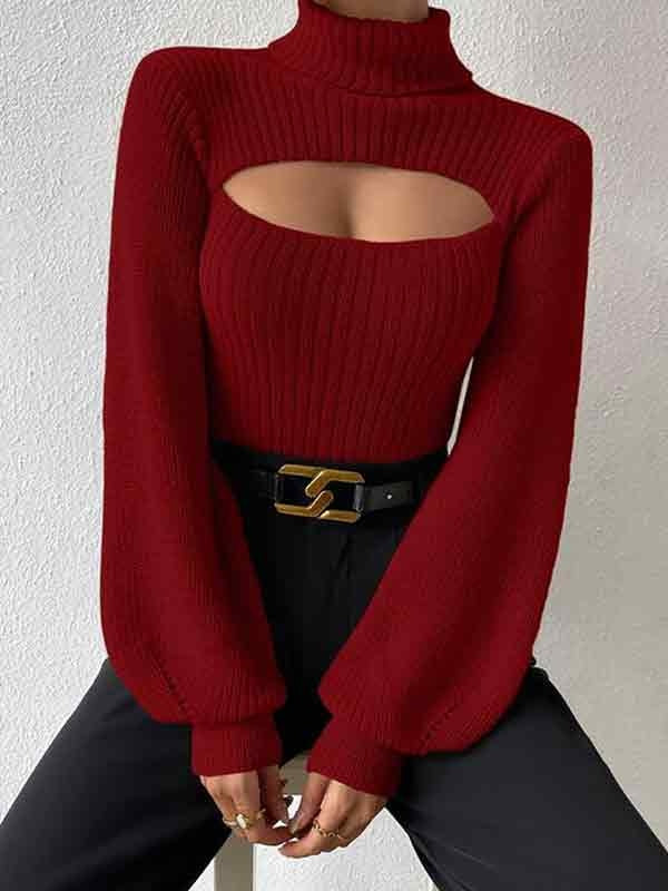 Solid Cutout High Neck Sweater